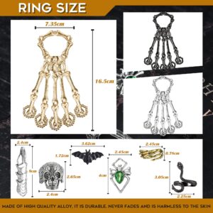 Sanfenly 9Pcs Gothic Rings for Women Men Skull Skeleton Hand Bracelet with Rings Cosplay Rock Knuckle Joint Full Finger Statement Ring, Cool Punk Rings Bat Snake Spider Adjustable Ring Set