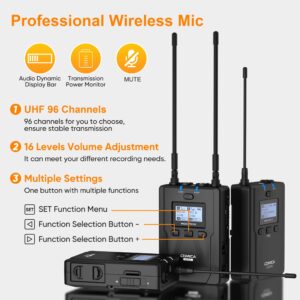 comica CVM-WM200A PRO Wireless Lavalier Microphone for Camera Support SD Card, 394FT Distance, UHF Wireless Lapel Mic with Backup Recording, Microphone for Filmmakers, Podcast, Vloggers.