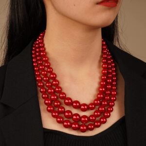 YERTTER Vintage 1920s Large Red Pearl Collar Choker Necklace Earrings Set Simulated Pearl Statement Necklace Multi Strand Pearl Necklace Costume Jewelry Chunky Pearls Necklaces for Women Wedding Jewelry (Red)