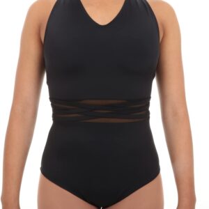 Alexandra Collection V-Neck Mesh Panel Cut Out Wide Strap Back Leotard for Women