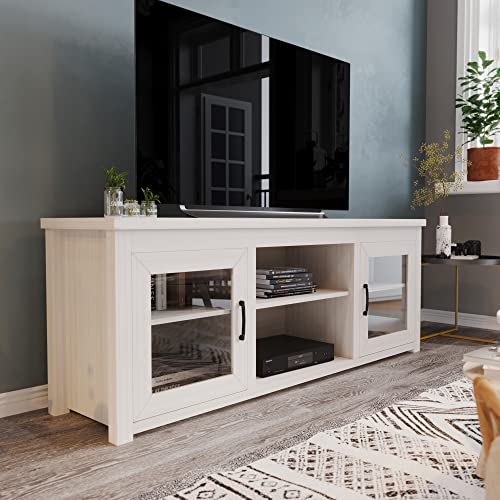 Flash Furniture Sheffield Engineered Wood TV Stand for 80" TVs, Media Console/TV Cabinet with 3 Adjustable Shelves and Glass Doors, White Wash Finish