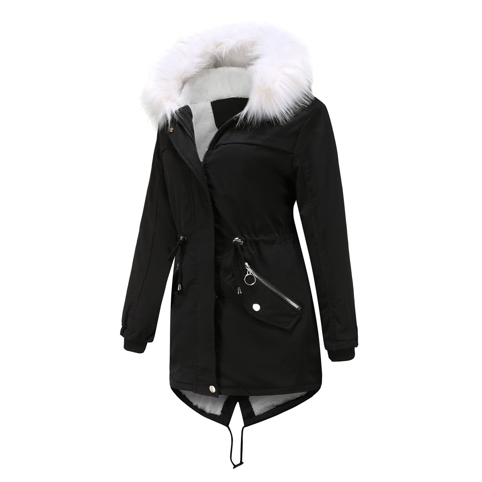 FMCHICO Womens Trench Coat Long Women's Fluffy Warm Coat Outwear Windbreaker Winter Warm Coat Jacket Faux Fur Lined Trench Hooded Thick Overcoat Black