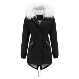 fmchico womens trench coat long women's fluffy warm coat outwear windbreaker winter warm coat jacket faux fur lined trench hooded thick overcoat black