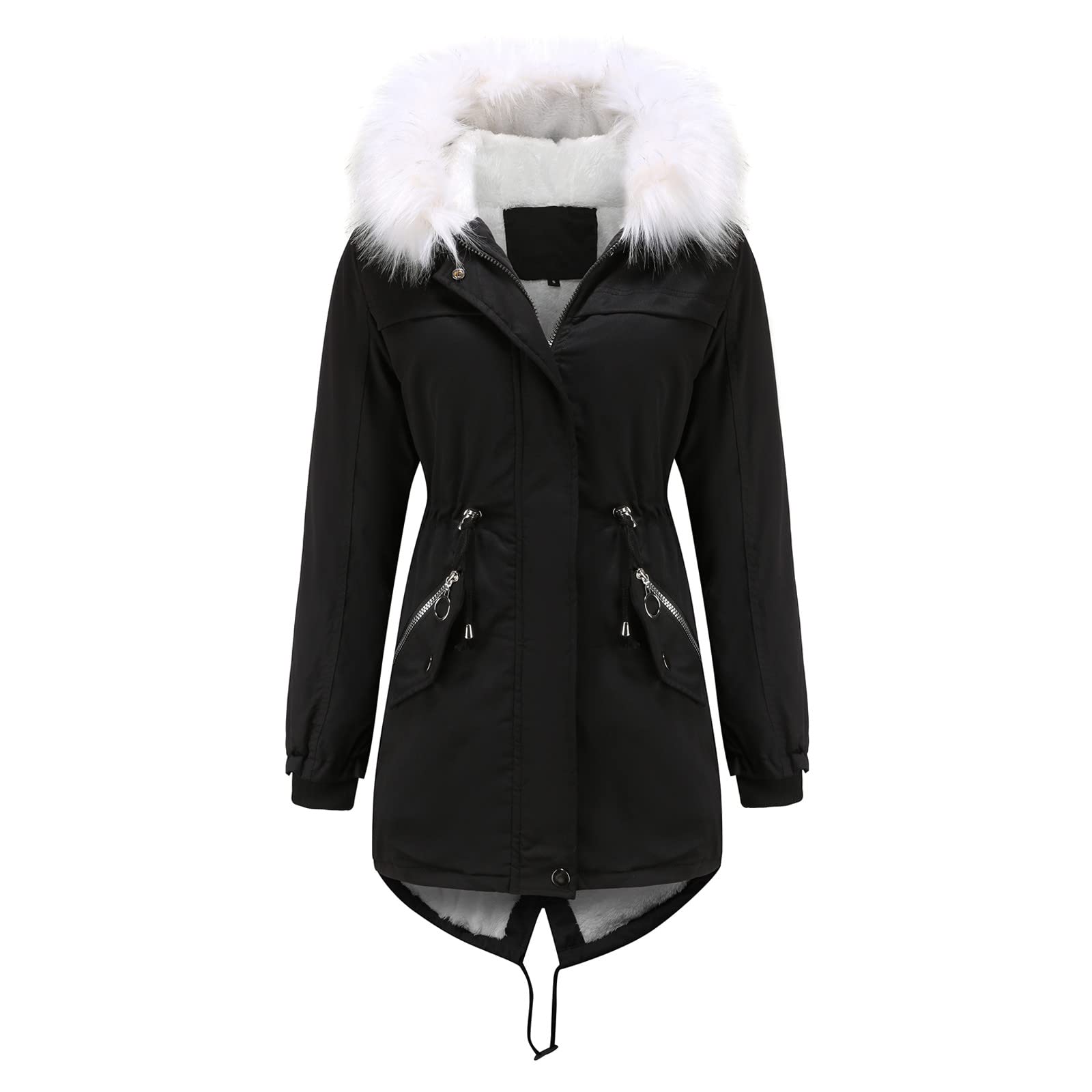 FMCHICO Womens Trench Coat Long Women's Fluffy Warm Coat Outwear Windbreaker Winter Warm Coat Jacket Faux Fur Lined Trench Hooded Thick Overcoat Black