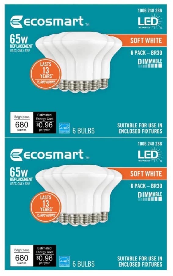 EcoSmart 65-Watt Equivalent BR30 Dimmable Energy Star LED Light Bulb Soft White (12-Pack)