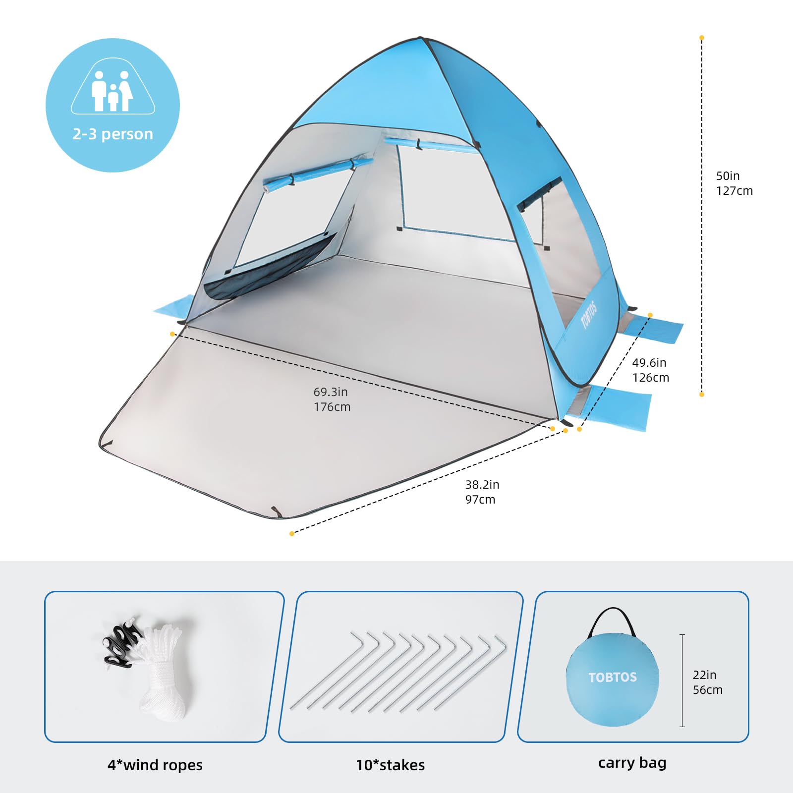 TOBTOS UPF 50+ Pop Up Beach Tent, Beach Umbrella, Automatic Sun Shelter 2-3 People UV Protection Portable Sunshade, Easy Set Up Baby Canopy Cabana, Lightweight with Carry Bag