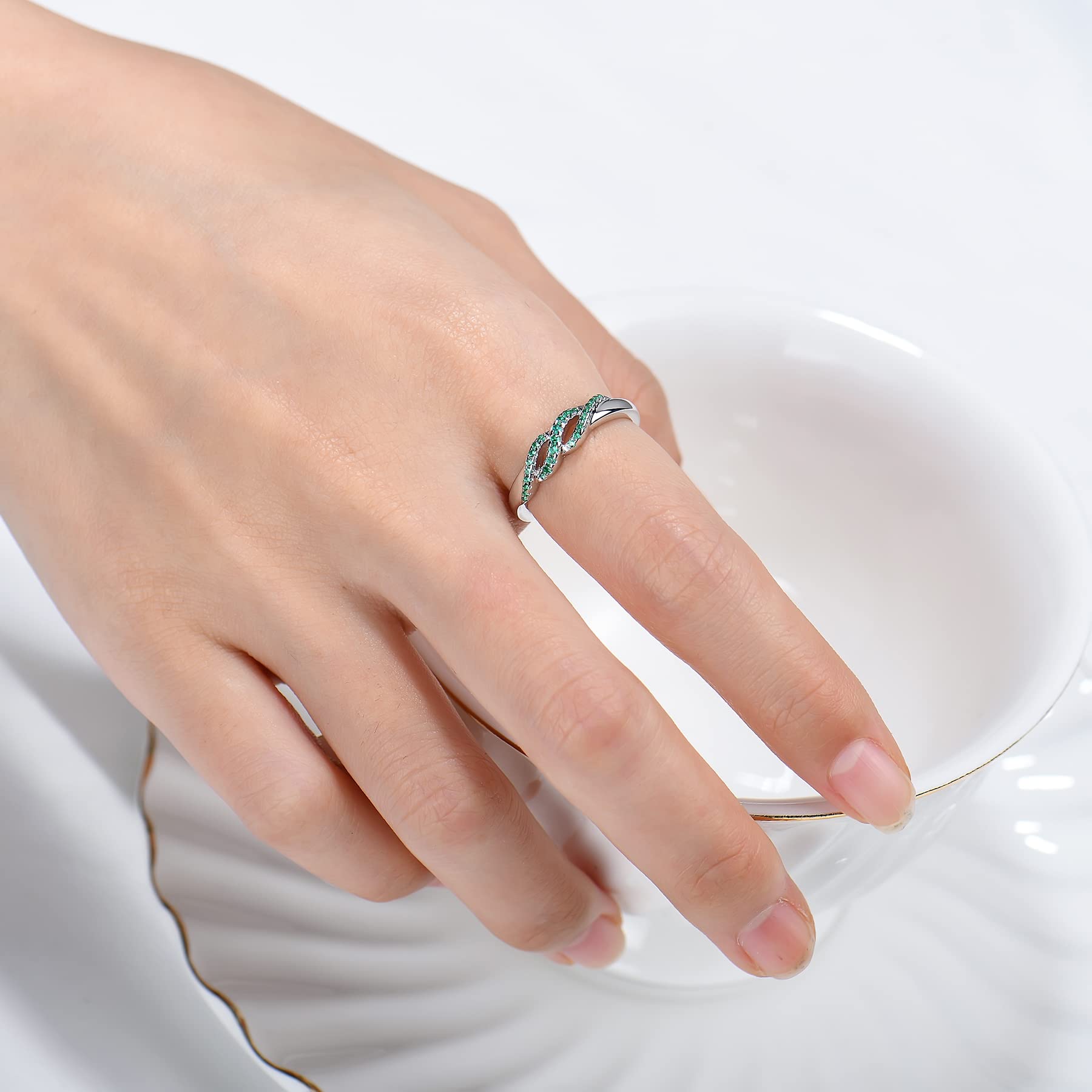 STARCHENIE Sterling Silver Rings Crisscross Crosscover Wave Rings for Women size7 Emerald color