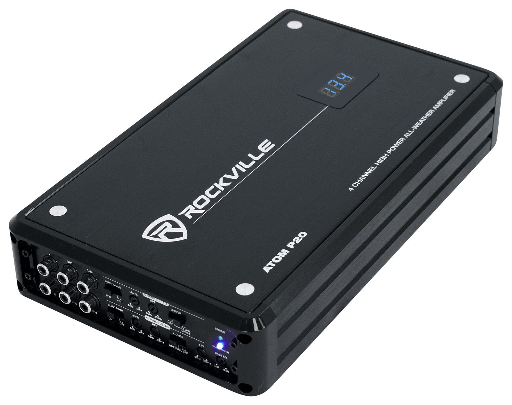 Rockville Atom P20 Marine/ATV/Car Bluetooth Amplifier 1600w Peak/440w RMS 4 Channel w/Volt Meter, Black