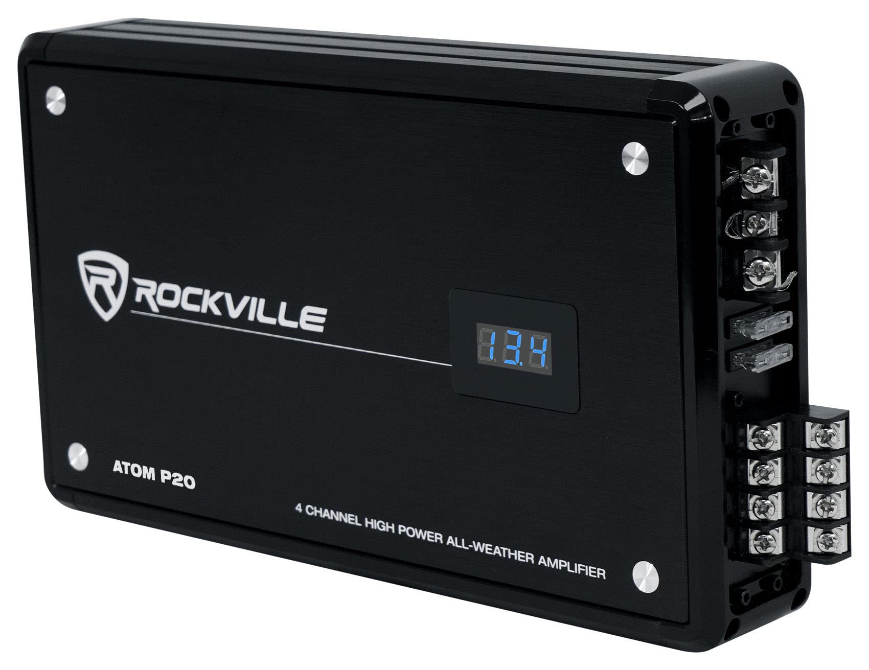 Rockville Atom P20 Marine/ATV/Car Bluetooth Amplifier 1600w Peak/440w RMS 4 Channel w/Volt Meter, Black