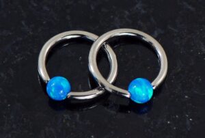 pair 2 pc 16g 1/4" (6mm) diameter opal ball captive rings tragus, lip 3 color - blue