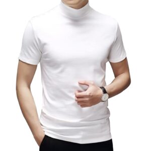 Mens Short Sleeve Basic Tops Mock Turtleneck Casual Pullover T-Shirt Slim Fit Solid Undershirt White