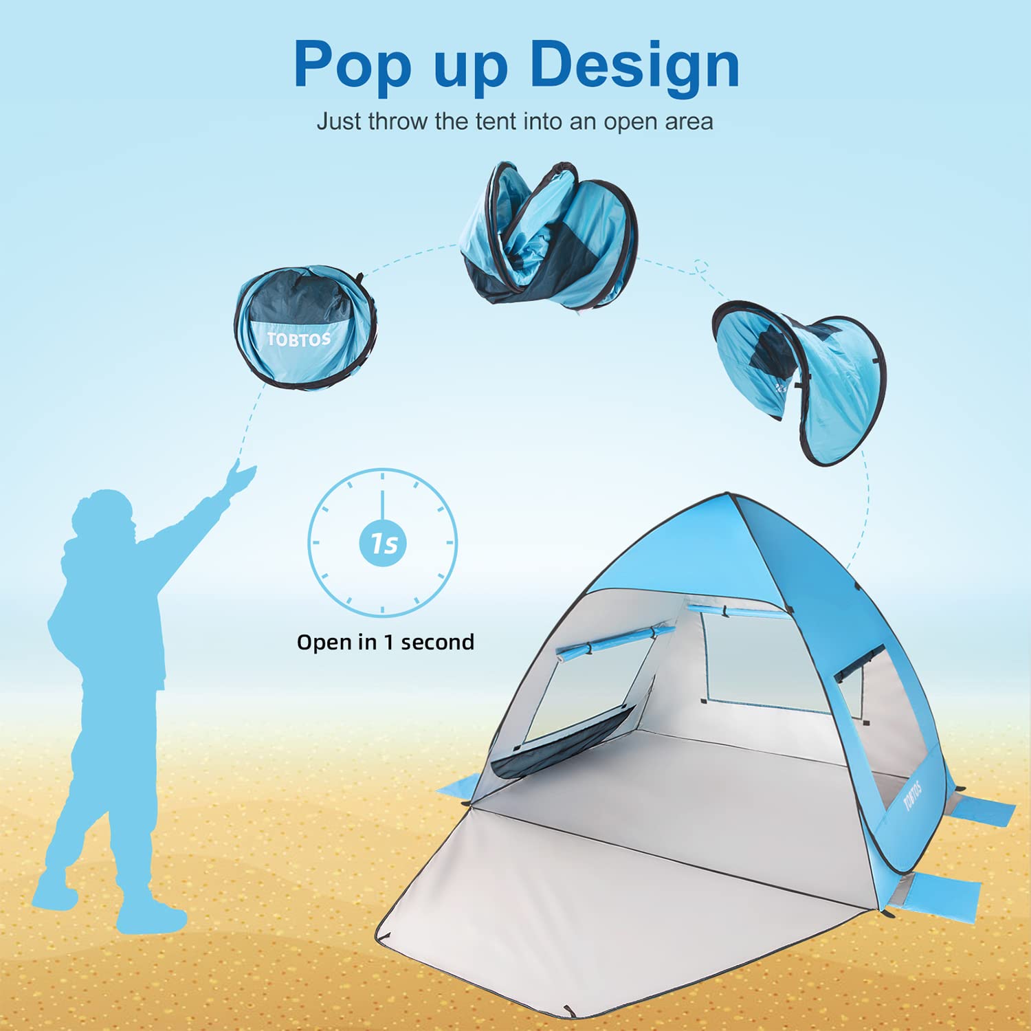 TOBTOS UPF 50+ Pop Up Beach Tent, Beach Umbrella, Automatic Sun Shelter 2-3 People UV Protection Portable Sunshade, Easy Set Up Baby Canopy Cabana, Lightweight with Carry Bag