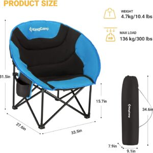 KingCamp Moon Saucer Camping Large Padded Folding Portable Heavy Duty Comfy Sofa Chair Supports 300lbs with Cup Holder and Carry Bag for Lawn Patio Sports, 27. 6" × 33. 5" × 31. 5", Black/RoyalBlue