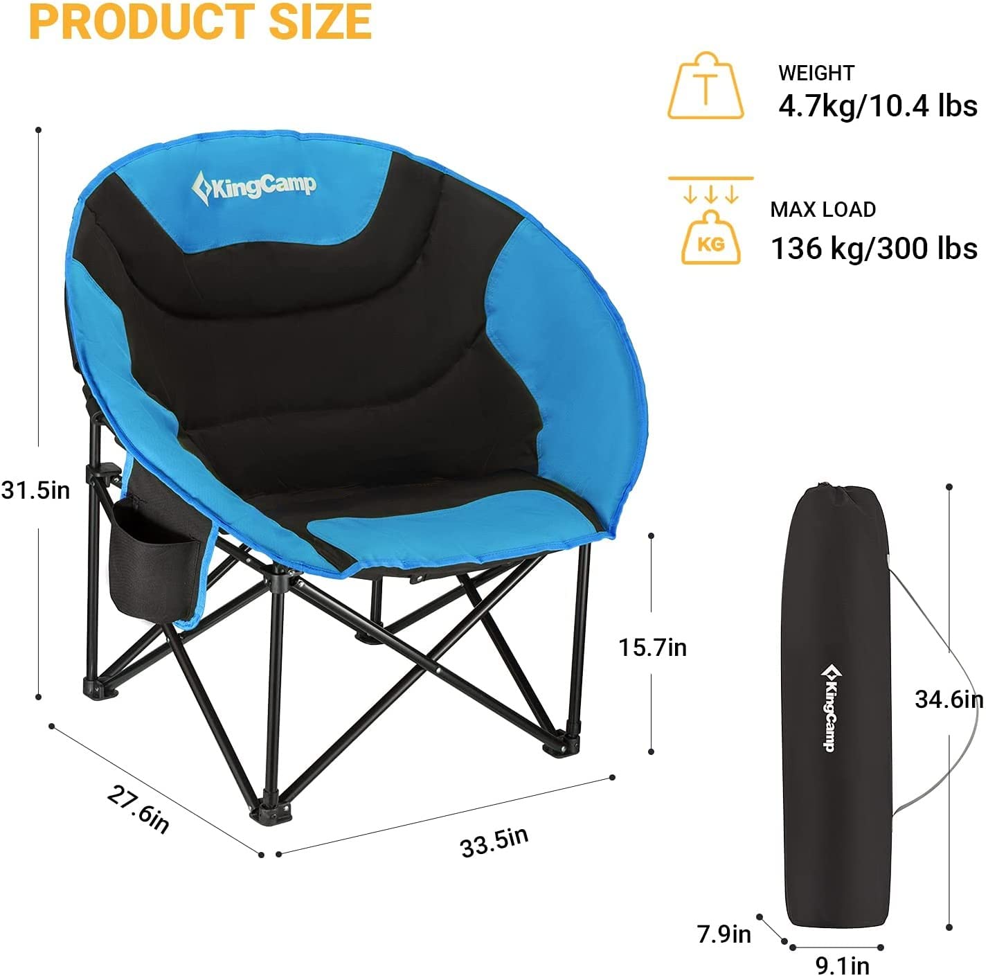 KingCamp Moon Saucer Camping Large Padded Folding Portable Heavy Duty Comfy Sofa Chair Supports 300lbs with Cup Holder and Carry Bag for Lawn Patio Sports, 27. 6" × 33. 5" × 31. 5", Black/RoyalBlue