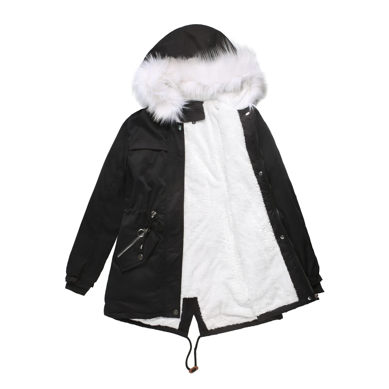 FMCHICO Womens Trench Coat Long Women's Fluffy Warm Coat Outwear Windbreaker Winter Warm Coat Jacket Faux Fur Lined Trench Hooded Thick Overcoat Black