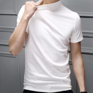 Mens Short Sleeve Basic Tops Mock Turtleneck Casual Pullover T-Shirt Slim Fit Solid Undershirt White