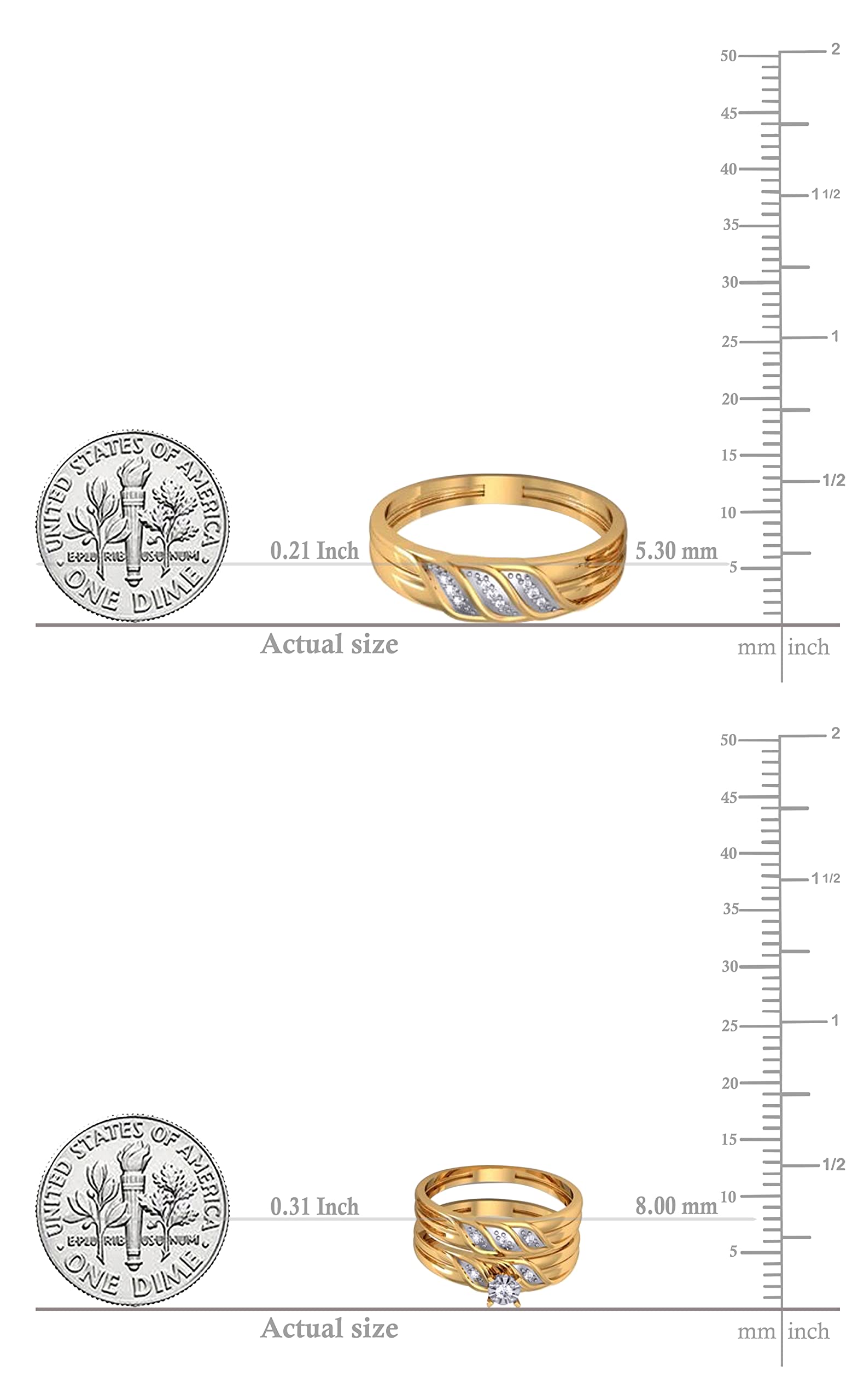 Dazzlingrock Collection 0.10 Carat Round White Diamond Illusion Wedding Trio Ring Set in Yellow Gold Plated Sterling Silver, Women size 10 and Men size 10.5