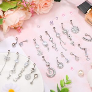 Junkin 20 PCS 14G 316L Stainless Steel Dangle Belly Button Rings Silver Rhinestone Belly Button Jewelry Navel Piercing Belly Jewelry for Women