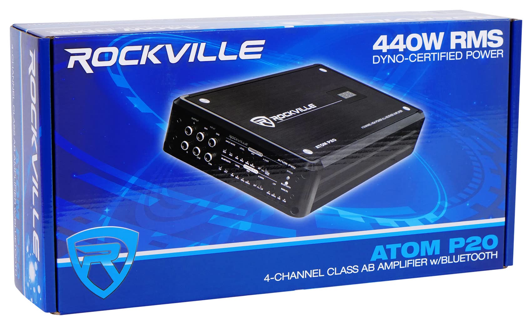 Rockville Atom P20 Marine/ATV/Car Bluetooth Amplifier 1600w Peak/440w RMS 4 Channel w/Volt Meter, Black