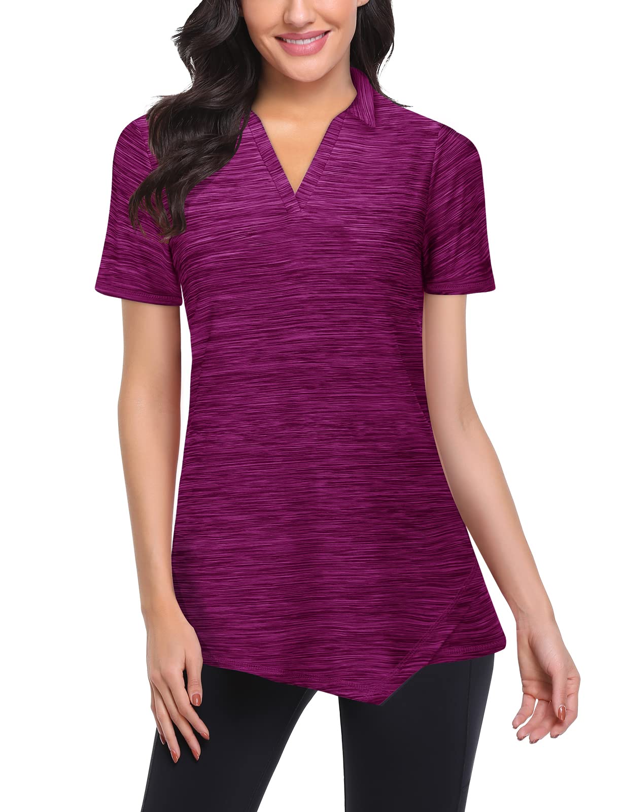 Viracy Womens Golf Apparel, V Neck Yoga Tops Short Sleeve Quick Dry Loose Fit Lightweight Breathable Running Hiking Workout Clothes, Purple-2XL