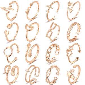 ZOERAY 16 Pcs Adjustable Rings for Teen Girls Arrow Knot Heart Wave Rings Knuckle Stacking Rings for Women Open Rings Set