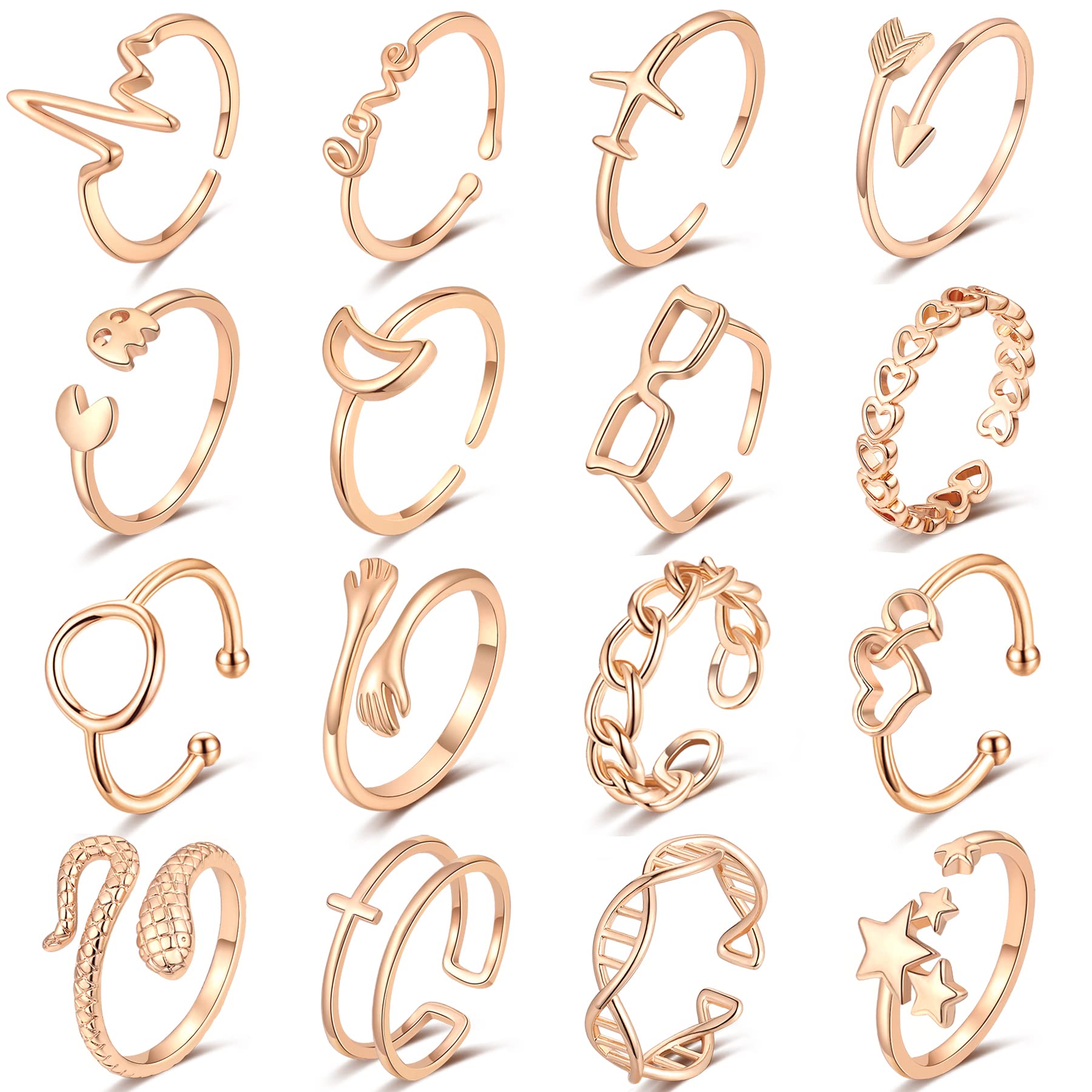 ZOERAY 16 Pcs Adjustable Rings for Teen Girls Arrow Knot Heart Wave Rings Knuckle Stacking Rings for Women Open Rings Set