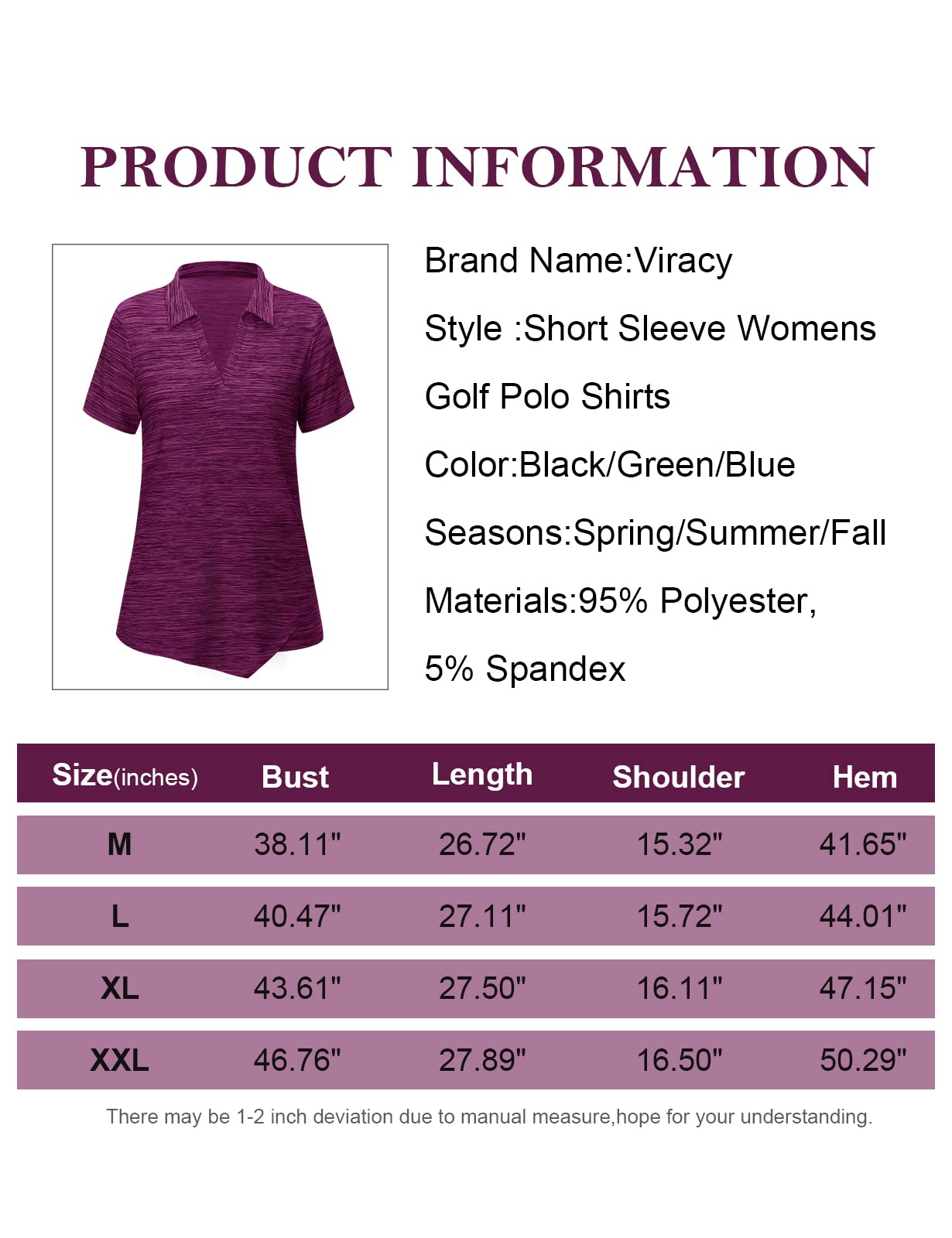 Viracy Womens Golf Apparel, V Neck Yoga Tops Short Sleeve Quick Dry Loose Fit Lightweight Breathable Running Hiking Workout Clothes, Purple-2XL