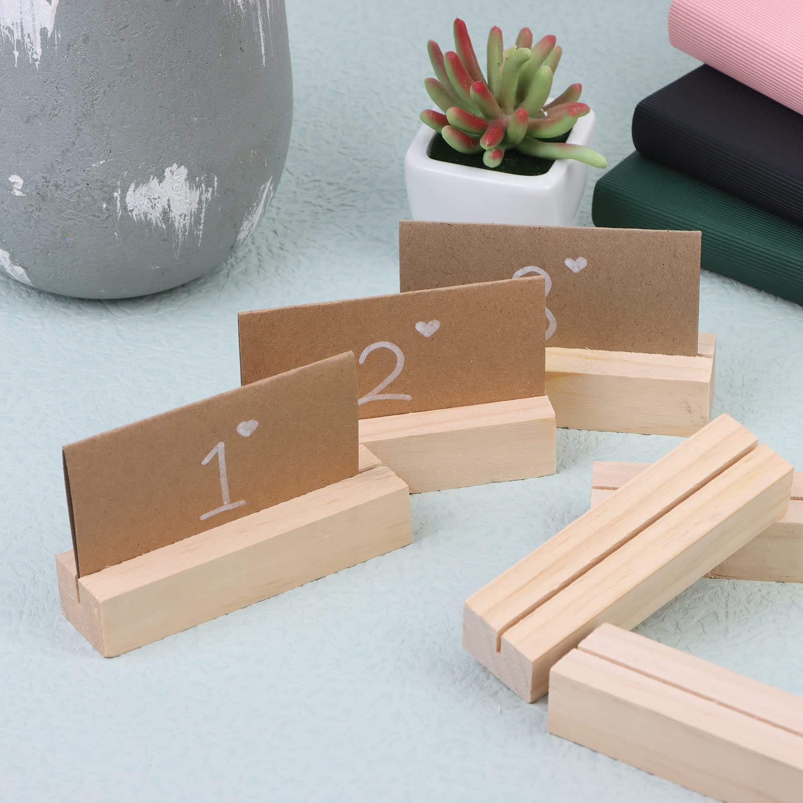 20 Pack Wood Place Card Holders Wooden Table Number Holders Stands Wood Sign Holders Brown Paper Cards for Wedding Ceremony Birthday Party Home Decoration