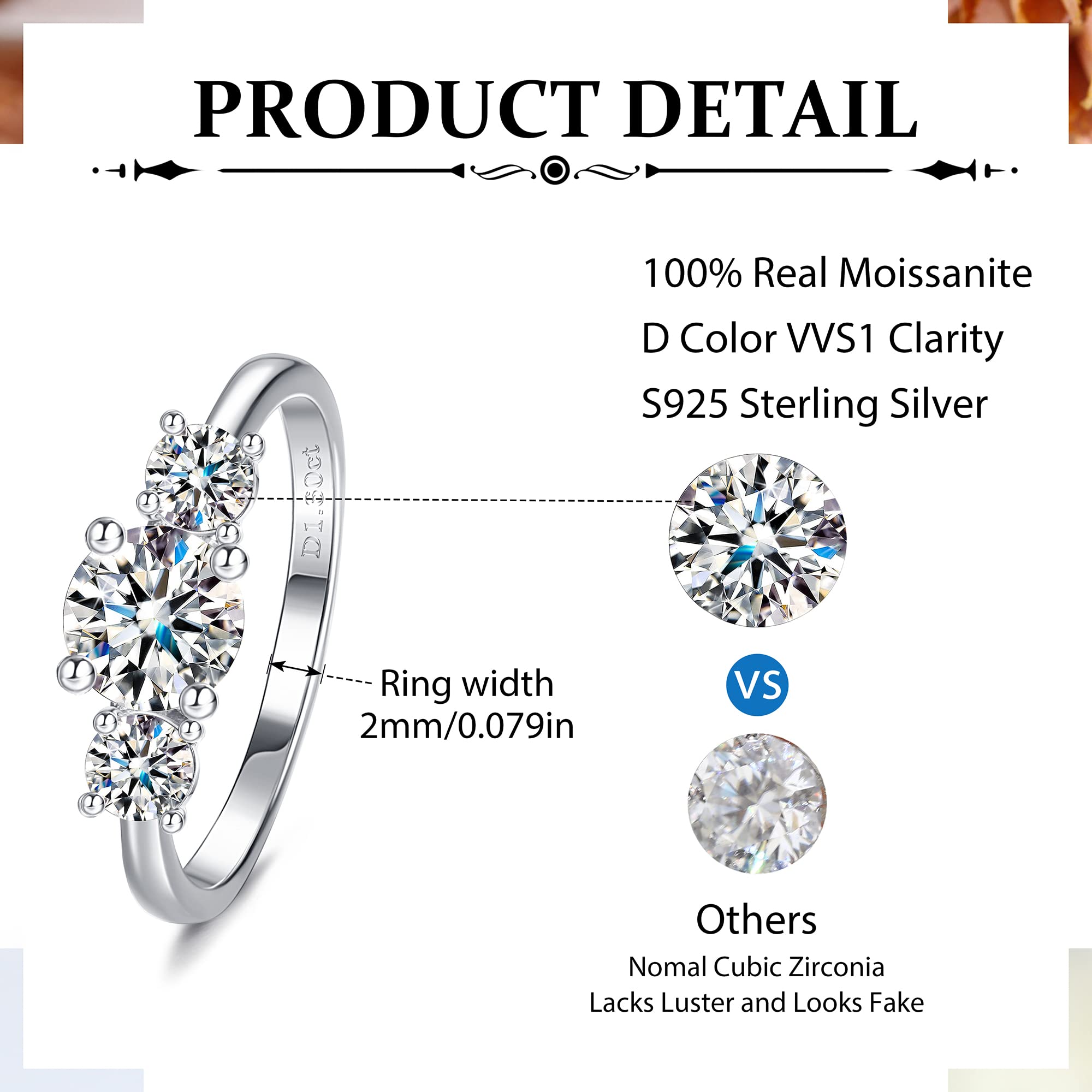 GEMQUEEN Moissanite Engagement Ring 1.60ct Brilliant Round Cut D Color VVS1 Clarity Lab Created Diamond Eternity Rings 18K White Gold Plated Hypoallergenic Sterling Silver Moissanite Wedding Rings for Women