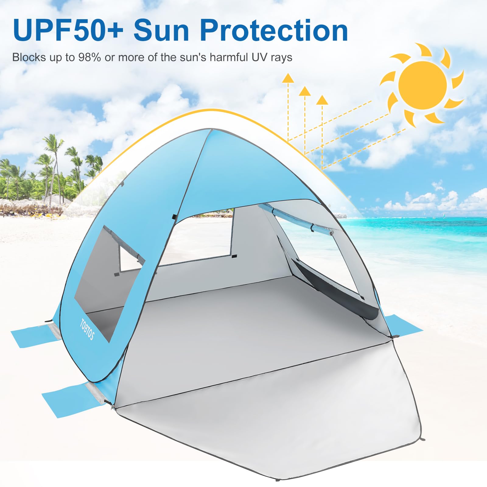 TOBTOS UPF 50+ Pop Up Beach Tent, Beach Umbrella, Automatic Sun Shelter 2-3 People UV Protection Portable Sunshade, Easy Set Up Baby Canopy Cabana, Lightweight with Carry Bag