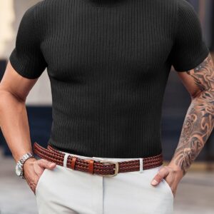 Mens Casual Slim Fit Basic Tops Short Sleeve Shirt Turtleneck T Shirts Rib Knitted Stretch Pullover Sweater