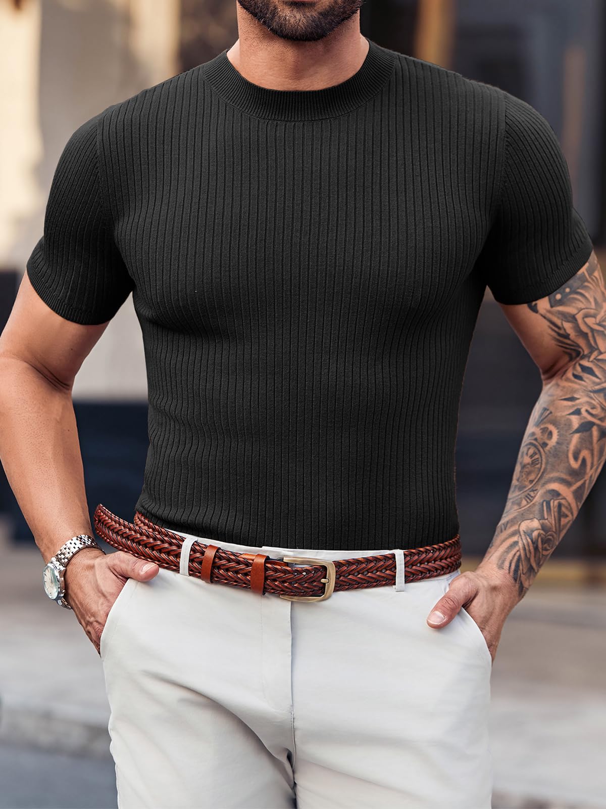 Mens Casual Slim Fit Basic Tops Short Sleeve Shirt Turtleneck T Shirts Rib Knitted Stretch Pullover Sweater