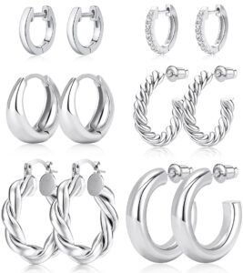 adoyi silver hoop earrings set for women small gold hoops twisted huggie hoop earrings 14k plated for women gift lightweight 6 pairs ball earrings