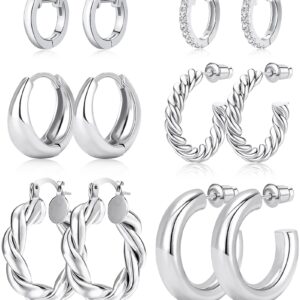 Adoyi Silver Hoop Earrings Set for Women Small Gold Hoops Twisted Huggie Hoop Earrings 14K Plated for Women Gift Lightweight 6 Pairs Ball Earrings