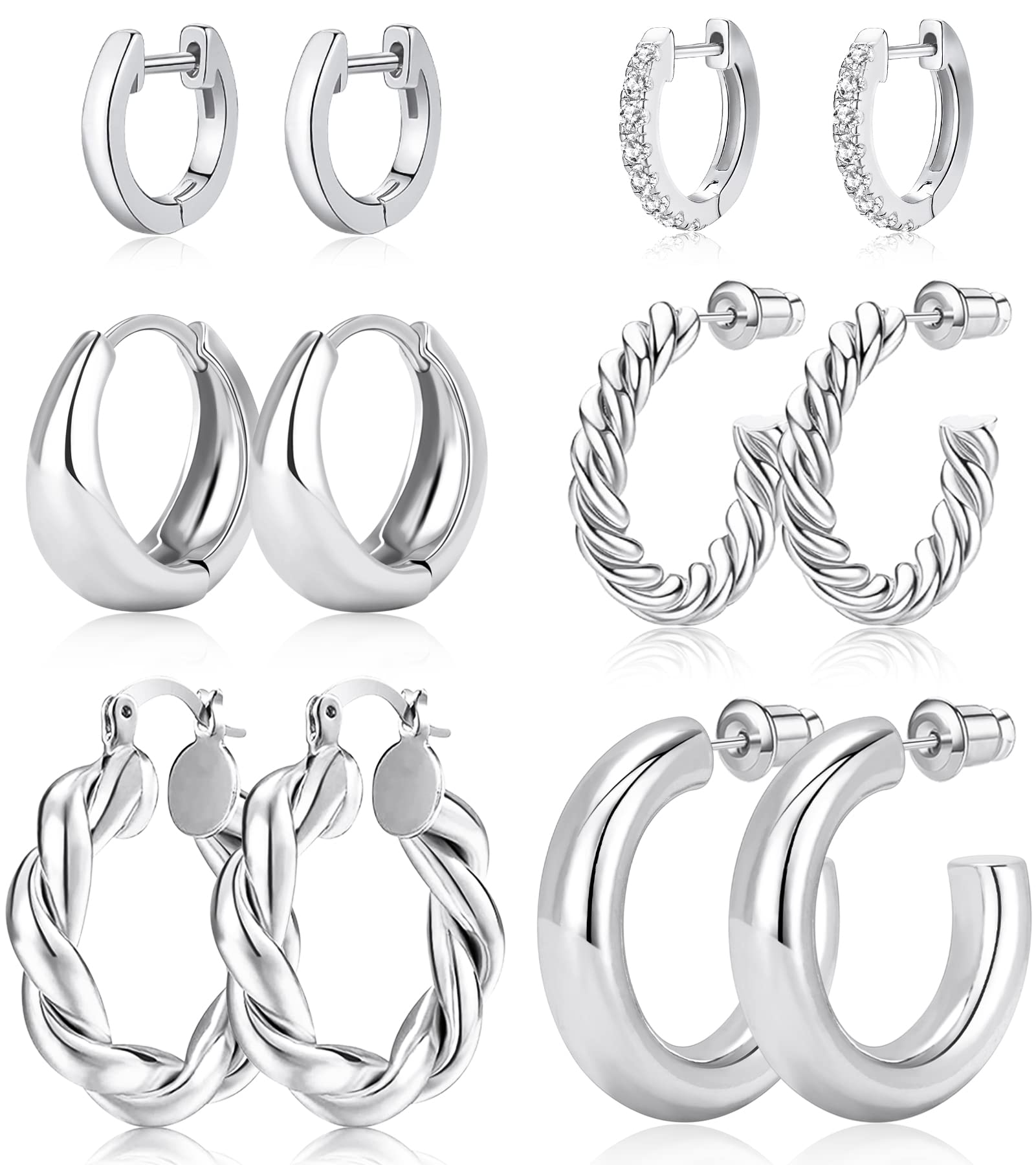 Adoyi Silver Hoop Earrings Set for Women Small Gold Hoops Twisted Huggie Hoop Earrings 14K Plated for Women Gift Lightweight 6 Pairs Ball Earrings