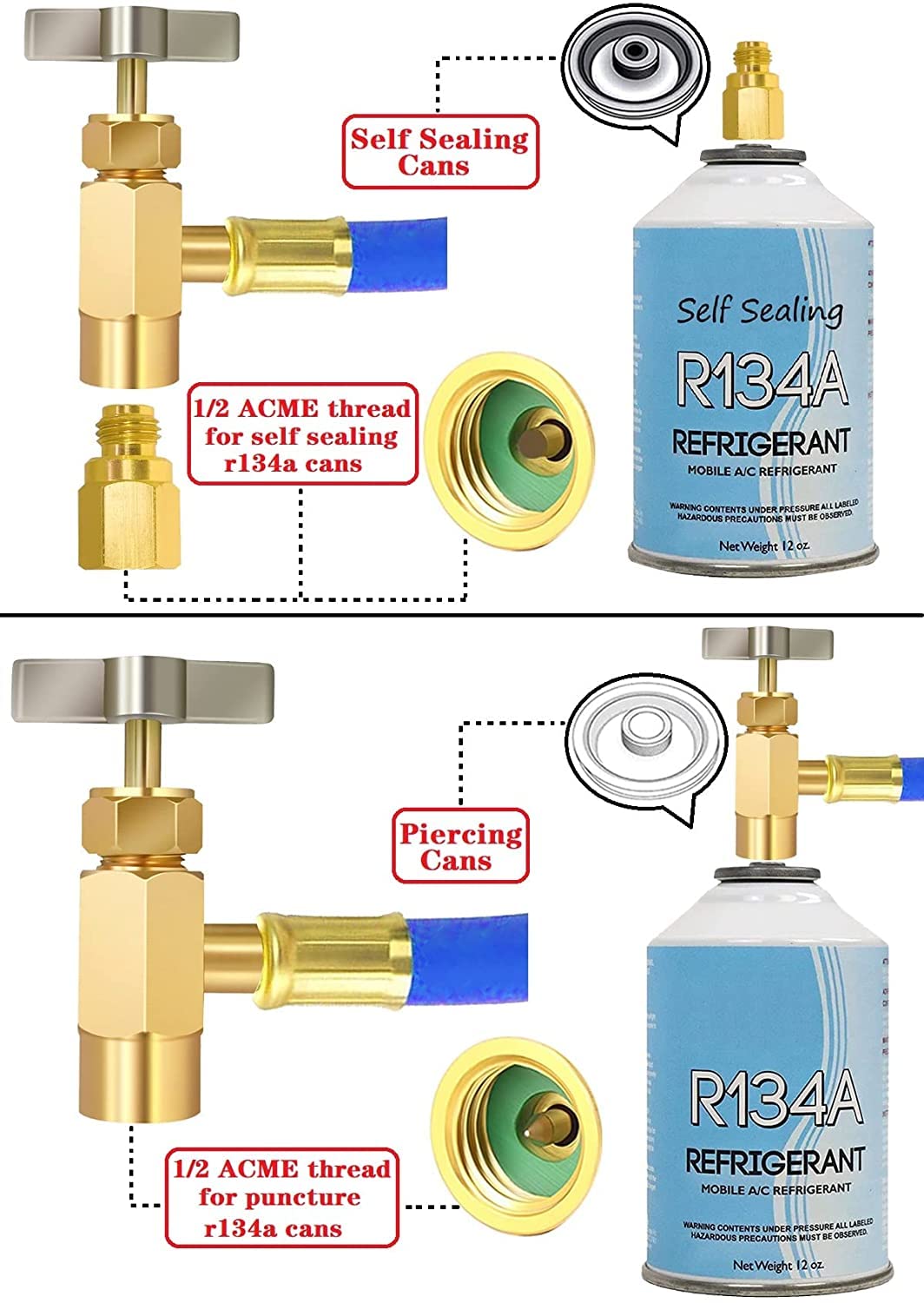 FANOVO R134A Refrigerator Freon Recharge Hose Kit, R134A AC Refrigerant Charging Hose Gauge, Bullet Piercing Valve Hose Refrigerant Can Tap, R134a Self-Sealing Adapter for Home AC Refrigerant System