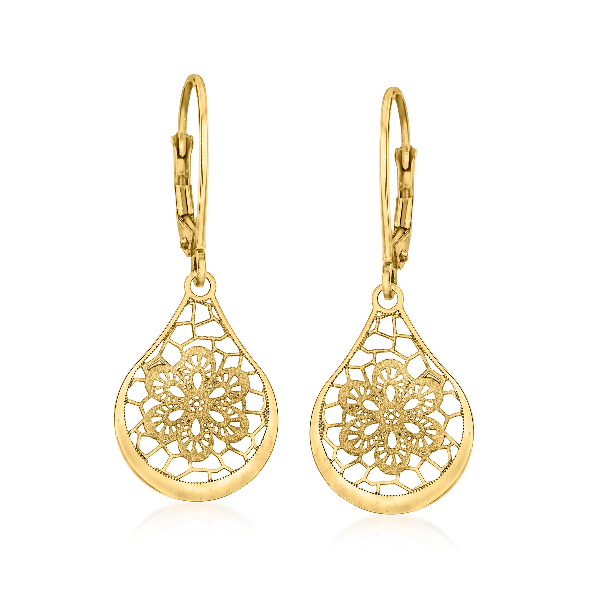 Ross-Simons Italian 14kt Yellow Gold Openwork Floral Lace Teardrop Earrings