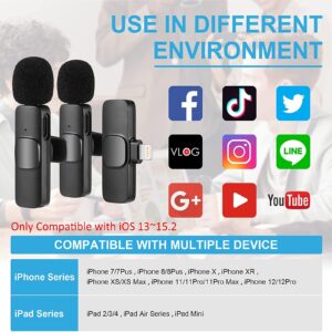 Wireless Lavalier Microphone for iPhone iPad, Plug-Play Wireless Mic for Recording, Live Stream, YouTube, TikTok, Facebook, Noise Reduction Auto-Sync