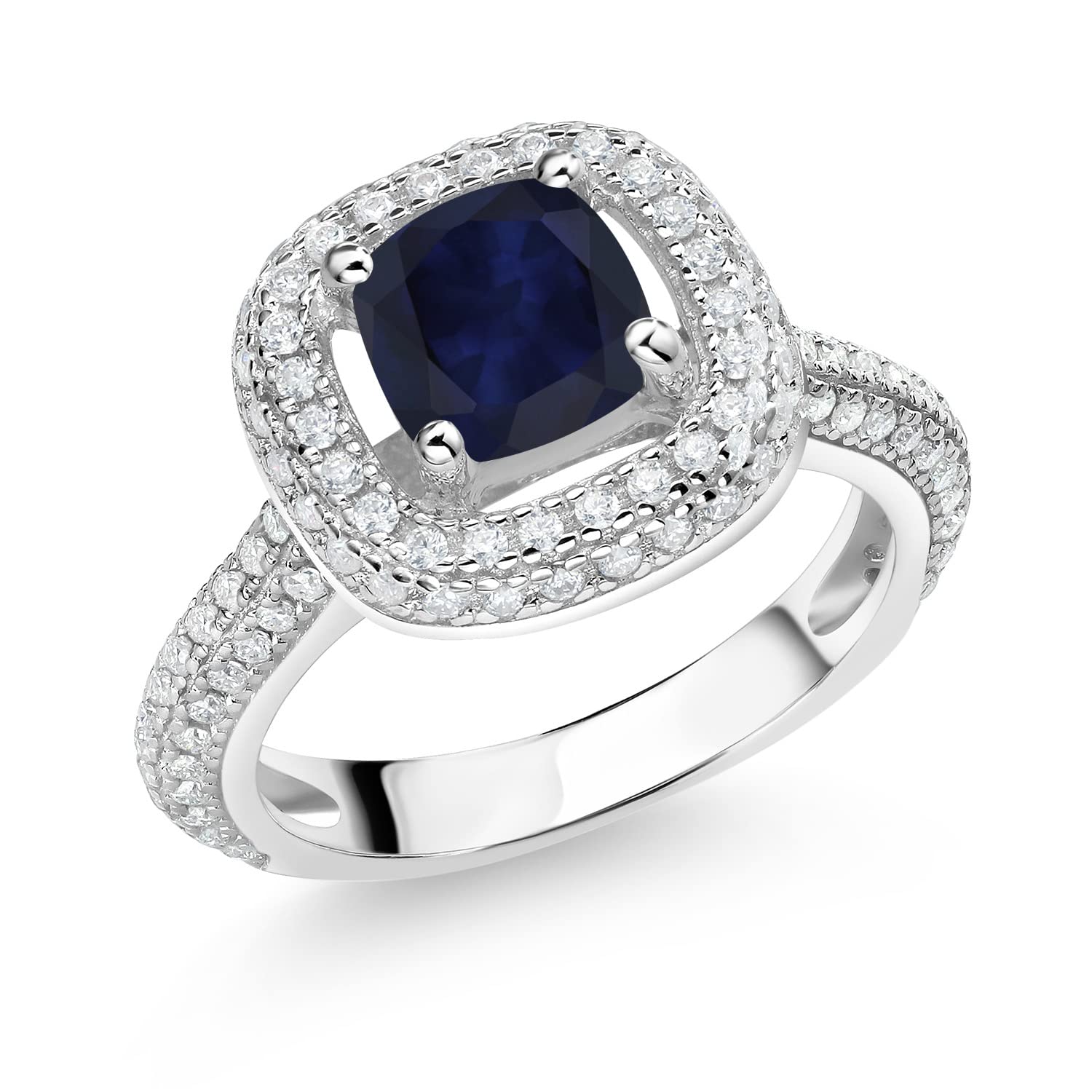 Gem Stone King 925 Sterling Silver Blue Sapphire and White Moissanite Engagement Ring For Women (1.93 Cttw, Cushion 6MM, Gemstone September Birthstone, Available In Size 5, 6, 7, 8, 9)