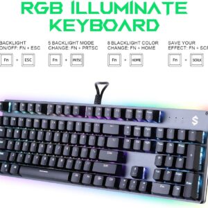 Black Shark Red Switch Mechanical Keyboard, 104 Keys Gaming Keyboard with RGB Backlit Quiet Computer Keyboard, All-Metal Panel, USB Wired Keyboard for PC Windows Mac Gamers