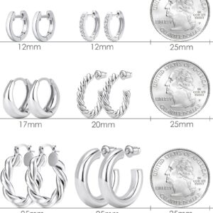 Adoyi Silver Hoop Earrings Set for Women Small Gold Hoops Twisted Huggie Hoop Earrings 14K Plated for Women Gift Lightweight 6 Pairs Ball Earrings