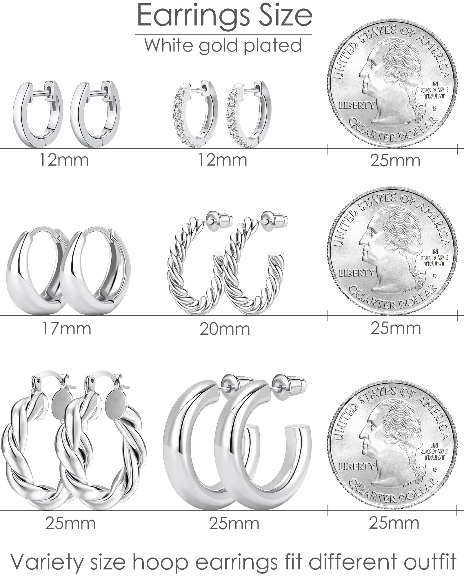 Adoyi Silver Hoop Earrings Set for Women Small Gold Hoops Twisted Huggie Hoop Earrings 14K Plated for Women Gift Lightweight 6 Pairs Ball Earrings