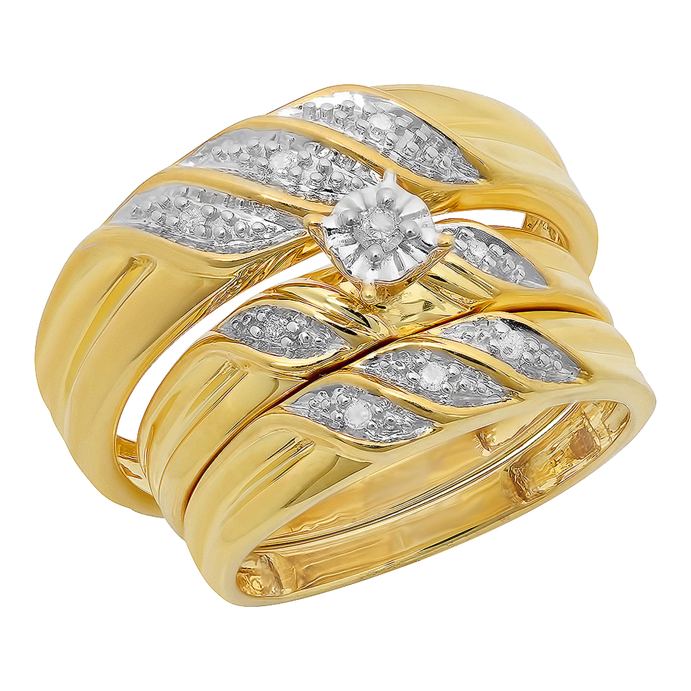 Dazzlingrock Collection 0.10 Carat Round White Diamond Illusion Wedding Trio Ring Set in Yellow Gold Plated Sterling Silver, Women size 10 and Men size 10.5