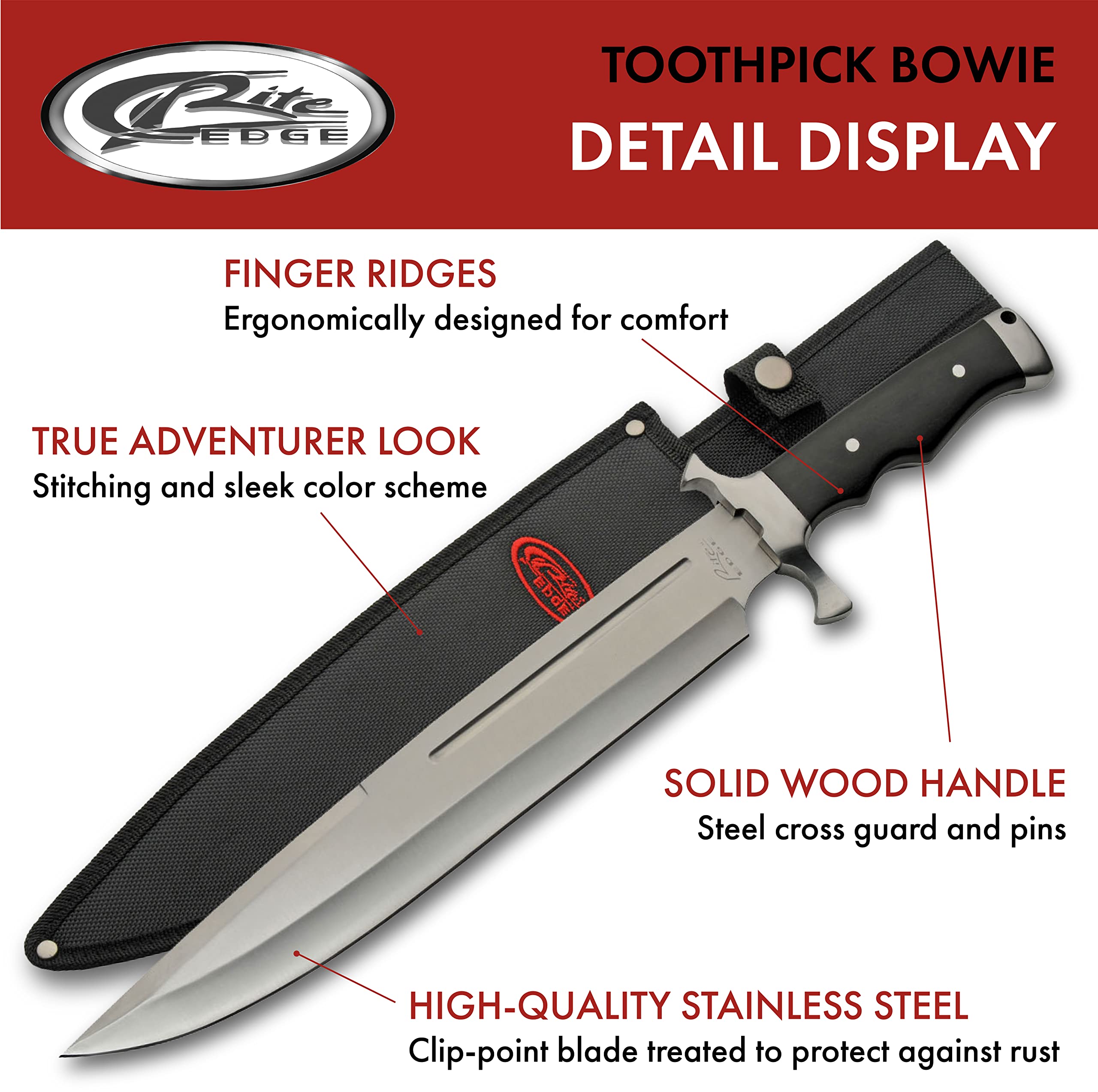 SZCO Supplies 17" Silver Wood Handled Bowie Blade Toothpick Outdoor Hunting Knife With Sheath, Black/Silver (211554)