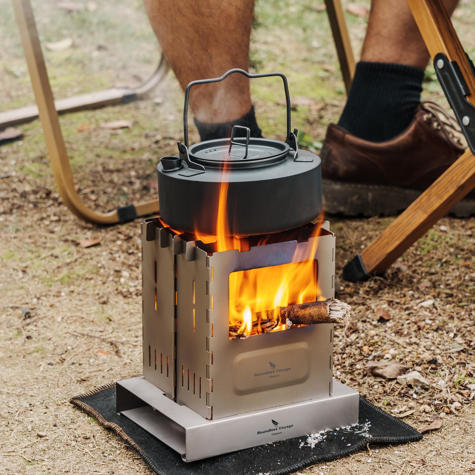 Boundless Voyage Outdoor Titanium Folding Wood Stove With Pot Bracket Foldable Camping Multi-Fuels Stove Portable Collapsible Charcoal Burner Furnace