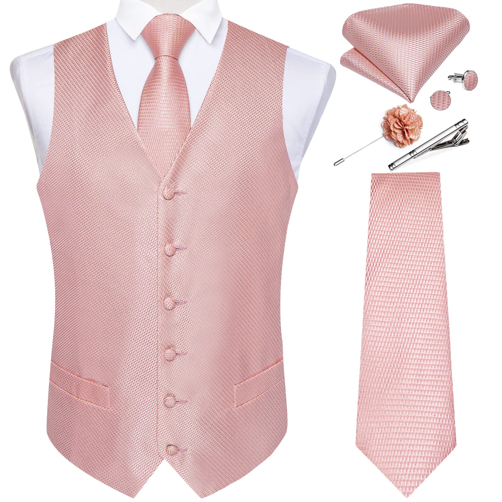 DiBanGu Mens Vest and Tie Set Formal Paisley Waistcoat and Necktie Pocket Square Cufflinks Silk Suit Vest for Tuxedo Wedding, Rose Gold, XX-Large