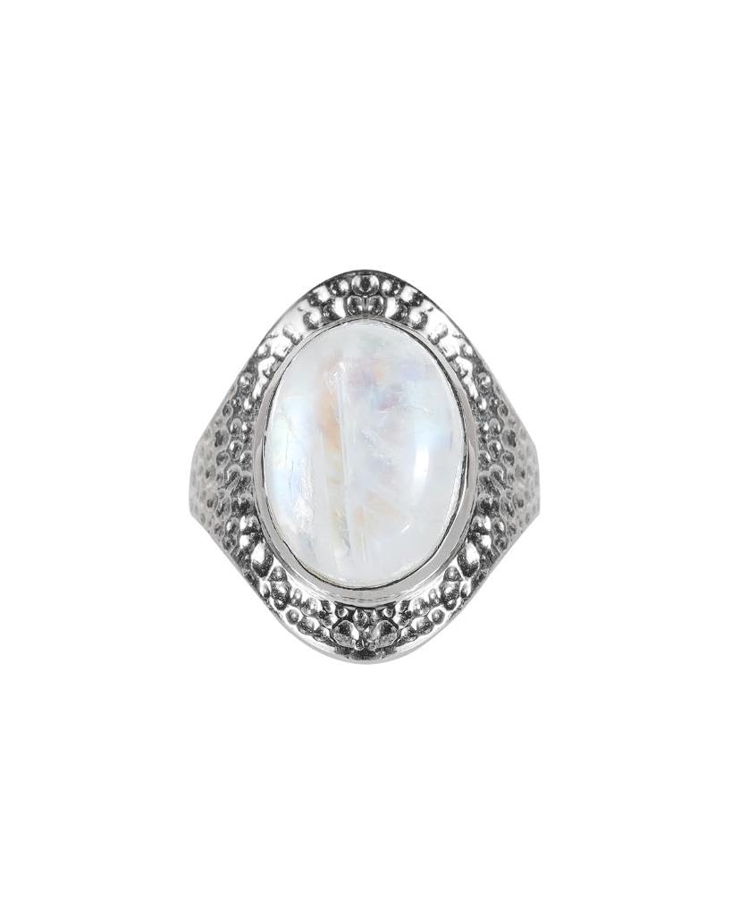 YoTreasure Rainbow Moonstone 925 Sterling Silver Hammered Bold Ring