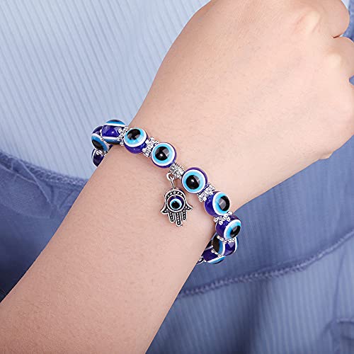 CJIAYUJEW 3pcs Evil Eye Bracelet Chakra Crystal Bracelets Set,Evil Eye Hamsa Blue Beaded Charm Stretch Bracelet for Protection and Blessing (Blue, Zinc Alloy)