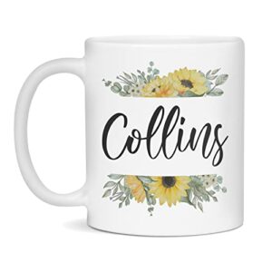 personalized custom name collins mug sunflower design, 11-ounce white