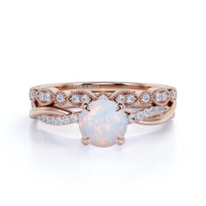 PVN Jewels Halo 2-Piece Art Deco Wedding Engagement Bridal Set Ring Band Round Simulated Opal & CZ 925 Sterling Silver 5.5